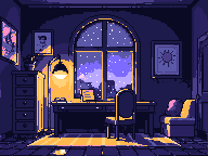 A cozy study at night: a desk lamp glowing under a window full of stars, and a child's drawing of a sun on the wall